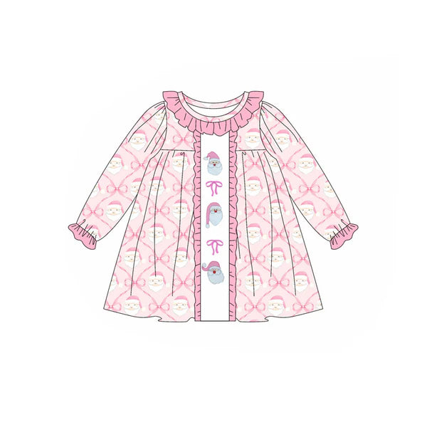 5.19  GLD1061 Baby Girls Long Ruffle Sleeves Pink Bows Santa Plaid Knee Length Dresses Preorder