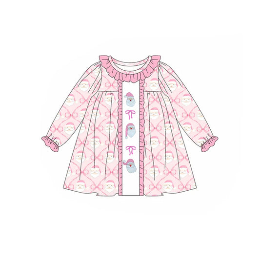 5.19  GLD1061 Baby Girls Long Ruffle Sleeves Pink Bows Santa Plaid Knee Length Dresses Preorder