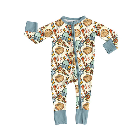 8.28  LR2606 Baby Boys Baseball Stars Go Team Zipper Footie Rompers Preorder