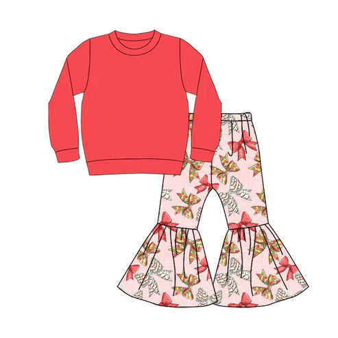 9.9 Custom Moq 5 Baby Girls Watermelon Color Shirt Top Stripe Bows Bell Bottom Pants Christmas Clothes Sets