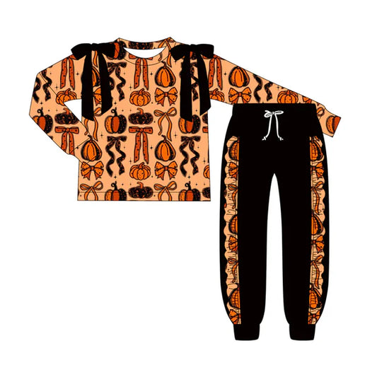 7.9 Custom Moq 3 Baby Girls Long Sleeves Bows Pumpkins Top Pockets Pant Clothes Set