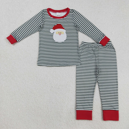8.29 BLP1126 Embroidery Baby Boys Long Sleeves Green Stripe Santa Top Pant Pajamas Set