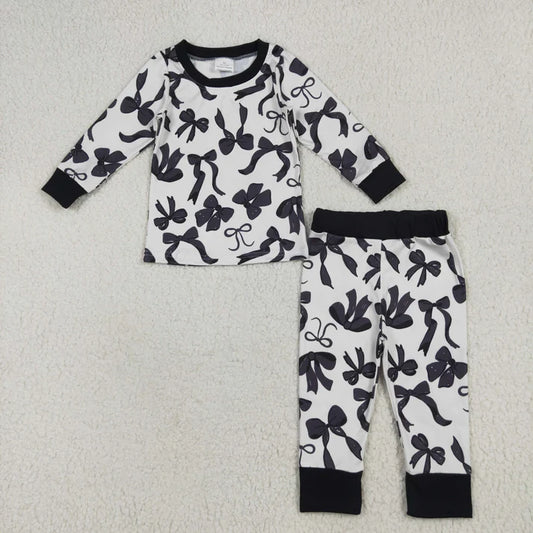 8.16 GLP2395 Baby Girls Long Sleeves Black Bows Top Pant Pajamas Set