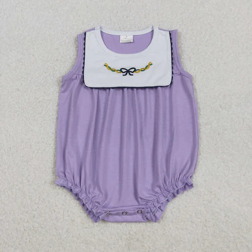 11.8 SR3235 Embroidery Baby Girls Sleeveless Mardigras Bows Ruffle Romper