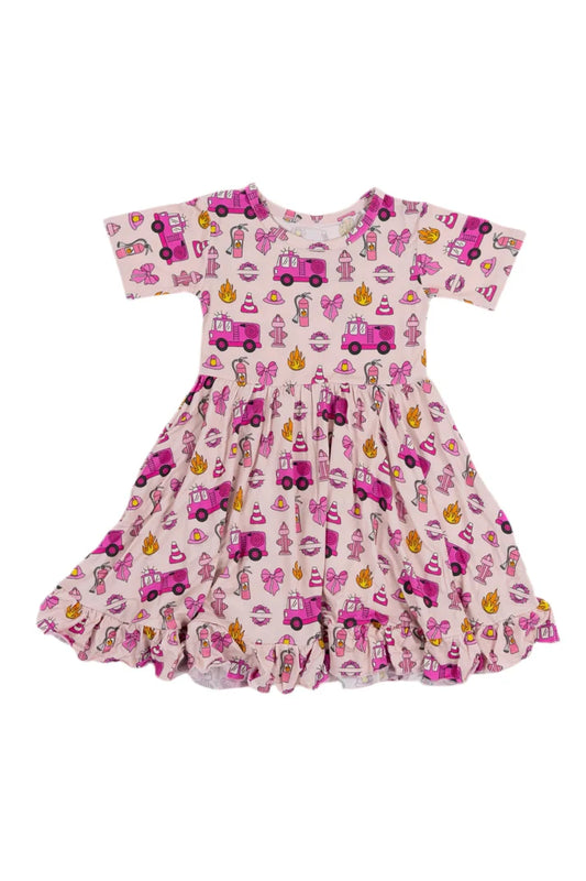 6.13 GSD2608 Baby Girls Short Sleeves Bows Firetrucks Ruffle Knee Length Dresses Preordergging Pant Set Preorder(副本)