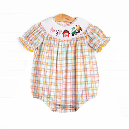 3.25 SR2982 Baby Infant Girls Orange Plaid Short Ruffle Sleeves Cows Pigs Farm Smocked Rompers Preorder