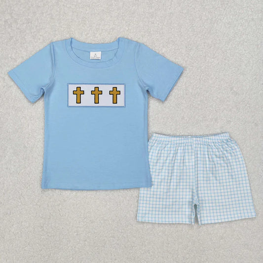 3.12 BSSO1234 Baby Boys Blue Easter Cross Shirts Checkered Shorts Clothes Set