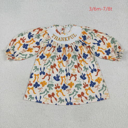 8.12 GLD1086 Baby Girls Long Ruffle Sleeves Smocked Thankful Colorful Bows Knee Length Dress