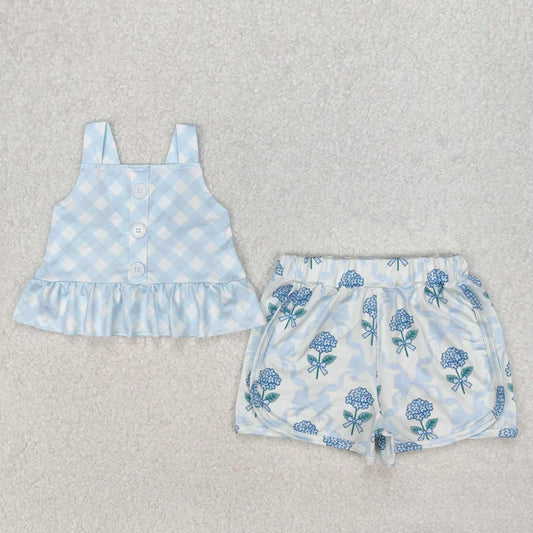 3.14 GSSO2078 Baby Girls Blue Checkered Straps Top Flowers Shorts Clothes Set