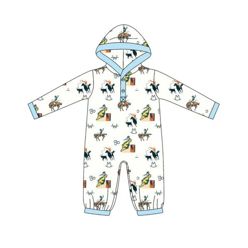 9.9 Custom Moq 5 Baby Boys Blue Horse Rodeos Button Western Hoodie Footie Rompers