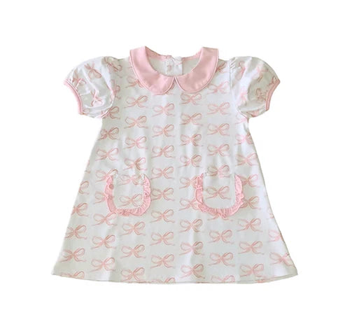 3.17 GSD2167 Baby Girls Pink Short Ruffle Sleeves Bows Pockets Dress Preorder
