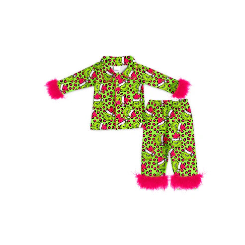 8.7 GLP2669 Baby Girls Christmas Green Face Leopard Button Top Pant Fur Pajamas Set Preorder