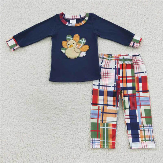 L-3.2 BLP0191 Embroidered Turkey plaid pattern navy blue long sleeve pants