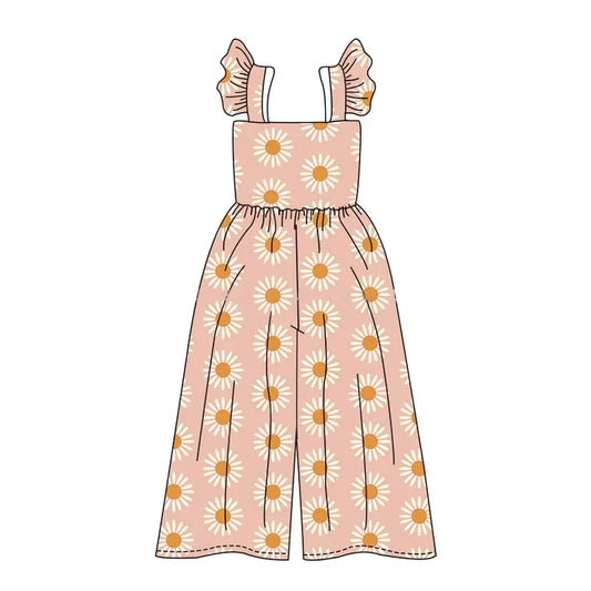 4.18 SR3052 Baby Girls Flutter Sleeves Peach Daisy Flowers Bell Jumpsuits Preorder