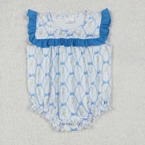 SR2648 Baby Infant Girls Blue Bows Flowers Romper