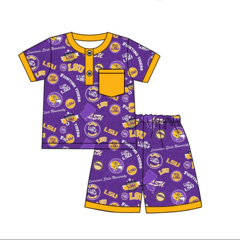 6.23  Custom Moq 3 Baby Boys Short Sleeves Purple LSU Button Pocket Top Shorts Team Pajamas Set