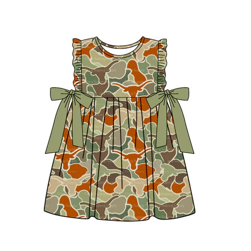 GSD1637 Baby Girls Green Cow Camo Bows Knee Length Dresses Preorder