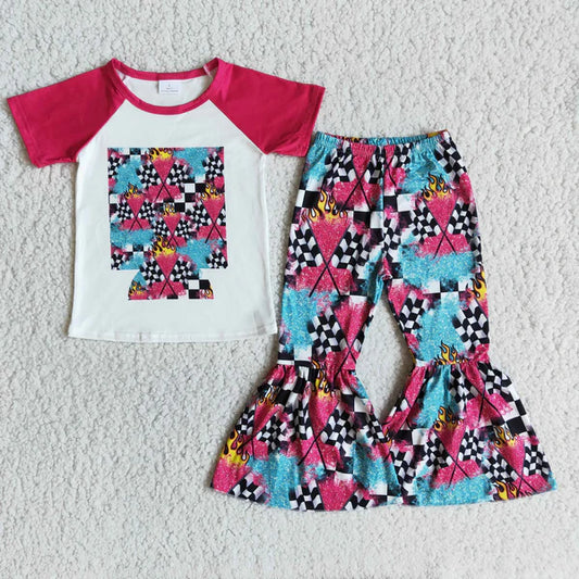 B2-14 Plaid Flag Red Short Sleeve Flare Set