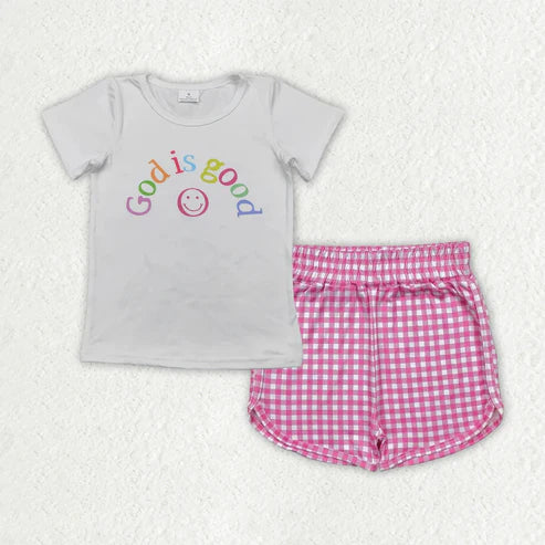 4.25 GT0958+SS0472 Baby Girls God Is Good Smile Top Pink Plaid Shorts Set