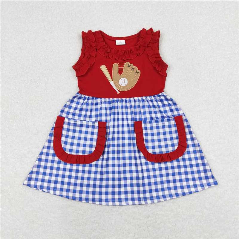 GSD0566 Embroidered baseball glove Blue and white plaid red sleeveless dress