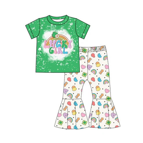 10.21 GSPO2101 Baby Girls Clover Lucky Girl Top Bell Bottom Pants St Patrick Clothes Sets Preorder