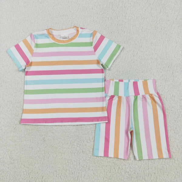 5.27 Sibling Baby Girls Short Sleeves Smiles USA Stripe Top Short Pajamas Sets