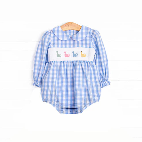 3.25 LR2178 Baby Infant Girls Blue Plaid Long Ruffle Sleeves Dinosaurs Smocked Rompers Preorder