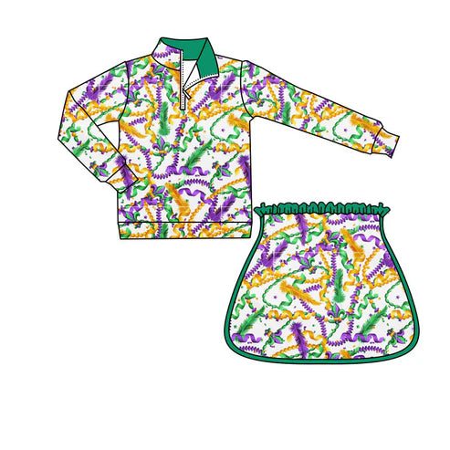 10.21 GLD1371 Baby Girls Mardigras Anchors Furs Zipper Pullovers Skirt Shorts Yoga Clothes Set Preorder