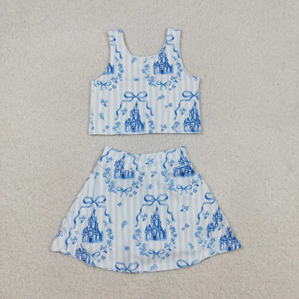 12.13  GSD3067 Baby Girls Blue Castles Bows Top Skirt Shorts Yoga Active Clothes Set