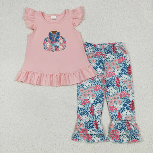 8.2 GSPO2032 Baby Girls Pink Flutter Sleeves Floral Pumpkin Tunic Ruffle Pants Set