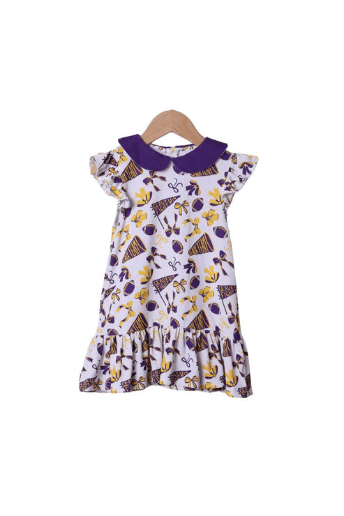 7.30 GSD2784 Baby Girls Purple Flutter Sleeves Cheer Bows Plaid Team Knee Length Dresses Preorder