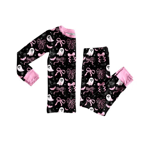 8.5 GLP2683 Baby Girls Bows Ghosts Plaid Top Pants Halloween Pajamas Set Preorder