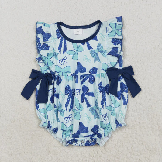 8.21 SR3121 Baby Girls Hot Blue Flutter Sleeves Bows Ruffle Romper