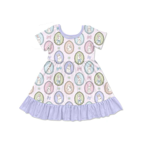 10.21 GSD2863 Baby Girls Colorful Bows Rabbits Easter Ruffle Knee Length Dresses Preorder