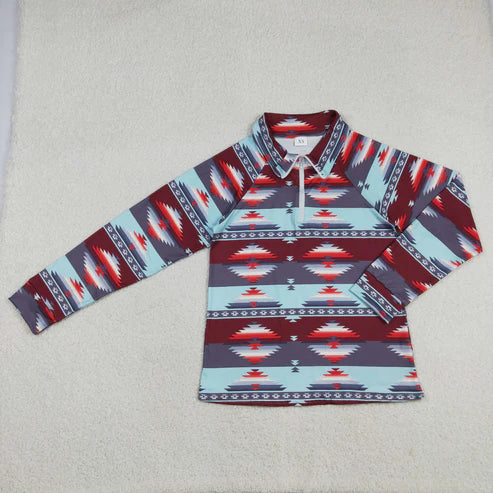 12.19 GT0877 Baby Girls Blue Aztec Western Clothing Long Sleeve Tee Shirts Tops