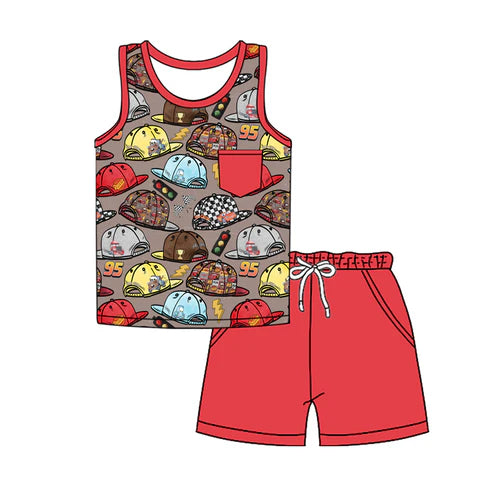 4.21 BSSO1499 Baby Boys Red Sleeveless Cartoon Hats Pocket Top Pockets Short Set Preorder