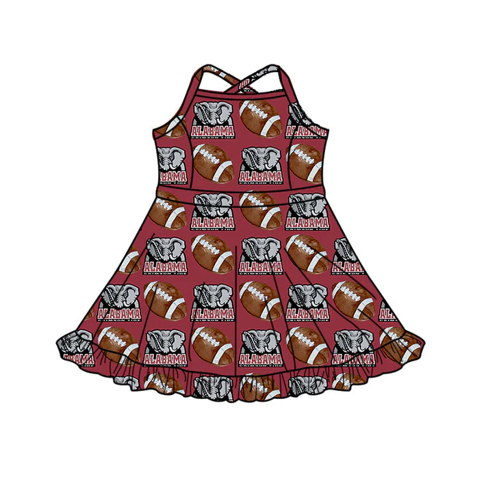 8.21  Custom MOQ 5 Baby Girls Strap Football Ruffle Shorts ALABAMA Team Knee Length Dress