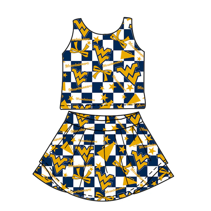 7.8 Custom Moq 3 Baby Girls Sleeveless WV Plaid Bows Vest Top Short Skirts Set