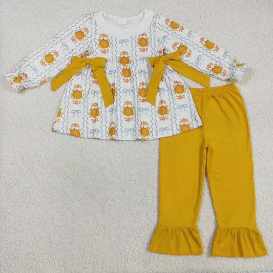 8.15 GLP2554 Baby Girls Long Sleeves Pumpkins Bows Plaid Tunic Ruffle Pant Set
