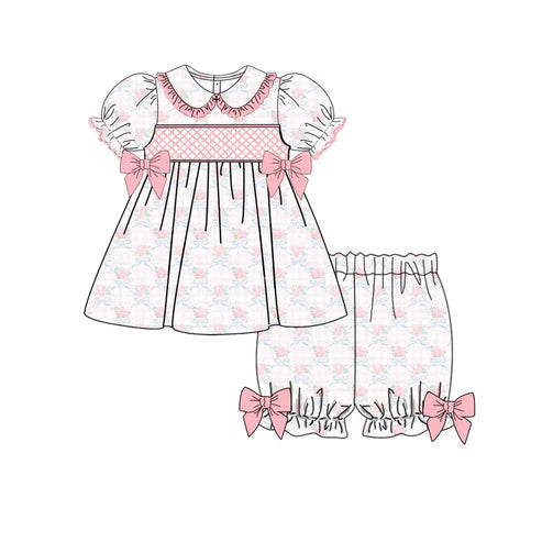 3.22  GSSO2368 Baby Girls Pink Short Ruffle Sleeves Floral Bows Tunic Ruffle Short Clothes Set Preorder