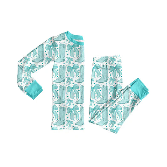 8.26 GLP2732 Baby Girls Aqua Bows Boots Plaid Top Pant Pajamas Set Preorder