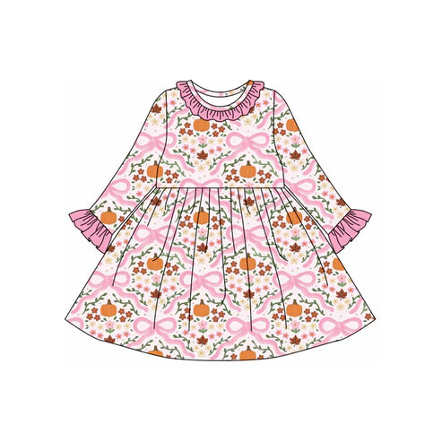 7.26  GLD1226 Baby Girls Long Ruffle Sleeves Bows Floral Pumpkins Plaid Knee Length Dresses Preorder