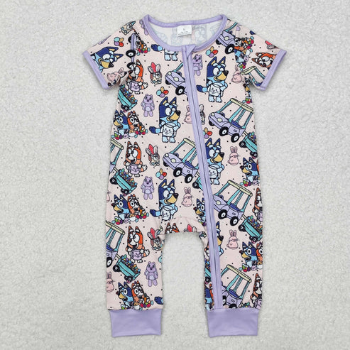 L-3.10 SR2095 Baby Infant Kids Purple Dog Easter Rabbits Zip Romper
