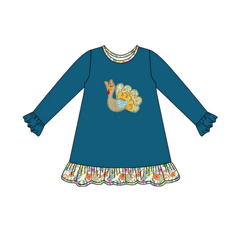 7.29 GLD1211 Baby Girls Long Sleeves Floral Turkey Ruffle Knee Length Dresses Preorder