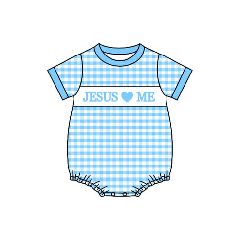 10.1 SR3248 Baby Boys Blue Checked Jesus Love Me Rompers Preorder
