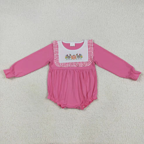 8.13 LR2287 Embroidery Baby Girls Pink Long Sleeves Turkey Pumpkins Ruffle Romper