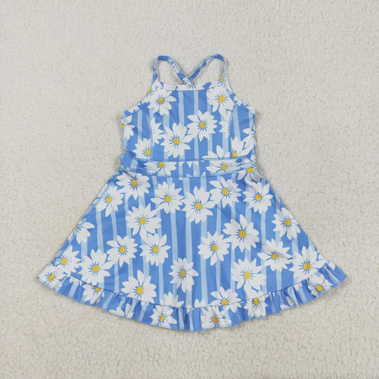 5.27 GSD2283 Baby Girls Blue Strap Stripe Floral Yoga Ruffle Knee Length Dress