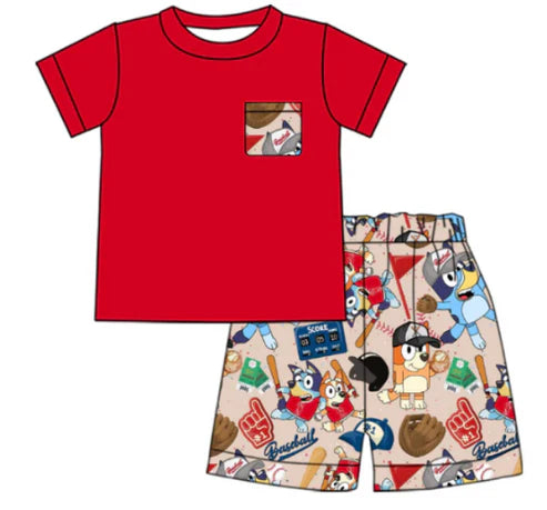 5.14 Boy cartoon dog red short-sleeved shorts set