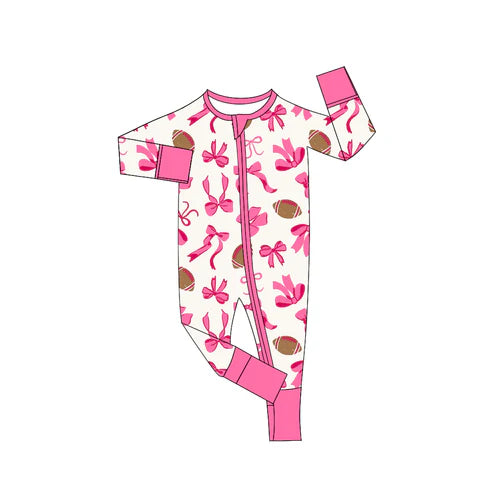 8.6 LR2526 Baby Girls Pink Footballs Bows Plaid Team Zipper Footie Rompers Preorder
