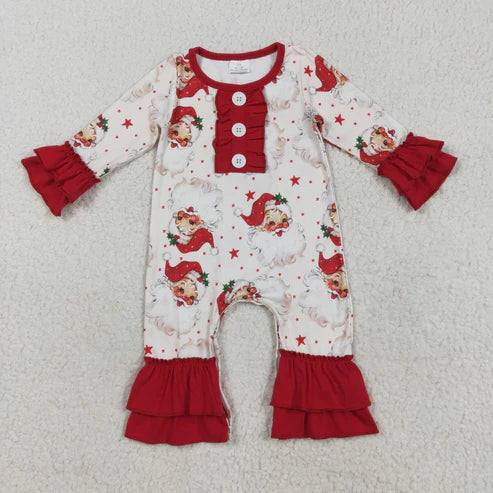 8.13 LR2395 Baby Kids Long Ruffle Sleeves Santa Stars Button Pant Romper